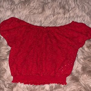 red ruffle off the shoulder crop top